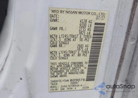 2017 Nissan Nv Cargo Nv2500 Hd Sv V6 from USA, damaged, VIN 1N6BF0LY5HN809076